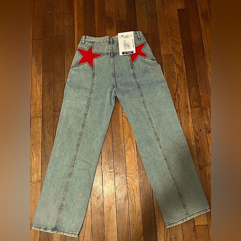 brand new flare jeans with red star patches on the butt (never worn) from amazon